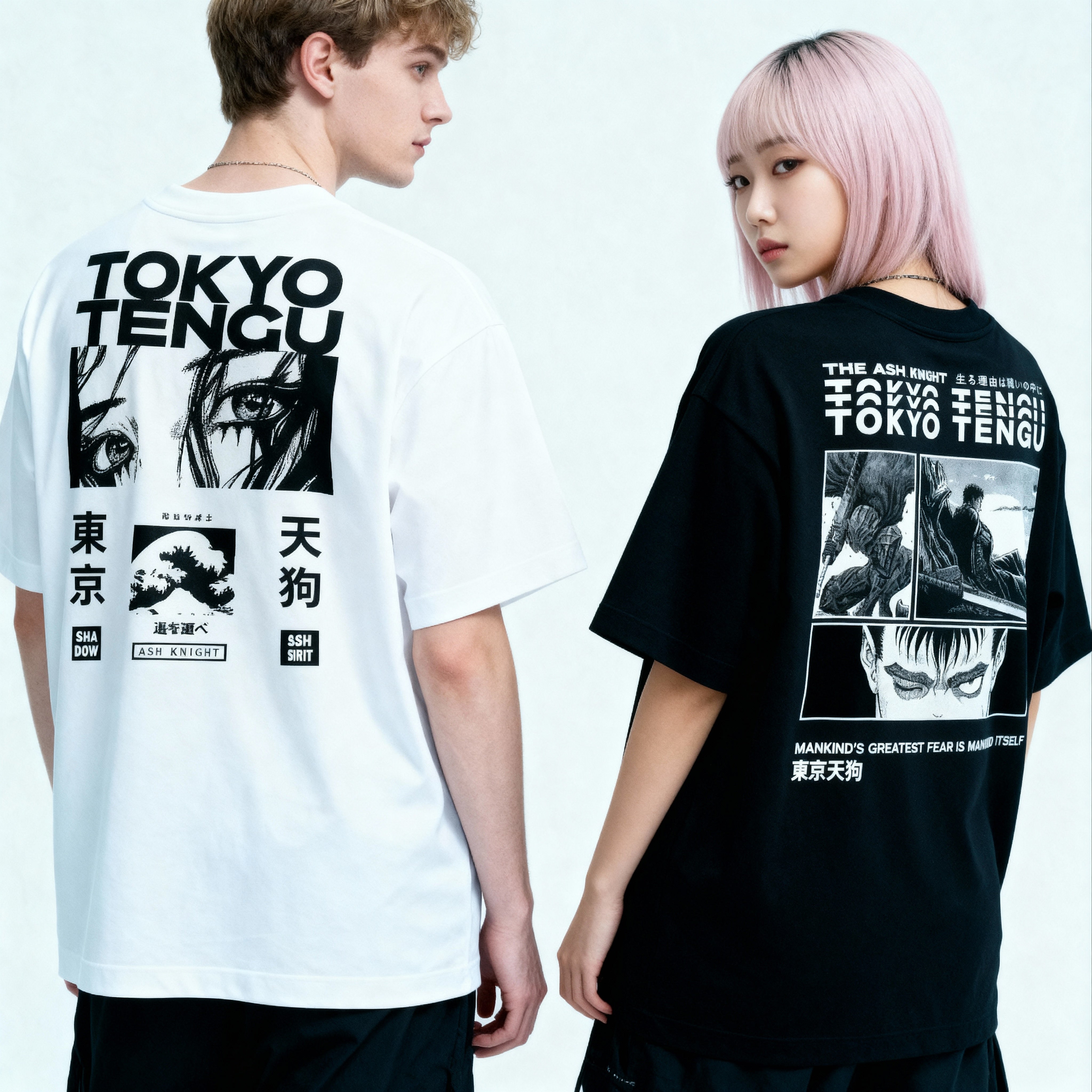 Young_white_man_wearing_Silent_Drift_-_White_and_korean_woman_with_pale_pink_hair_wearing_Black_Eclipse_-_Black_both_back_pose_looking_at_us_fashion_shooting