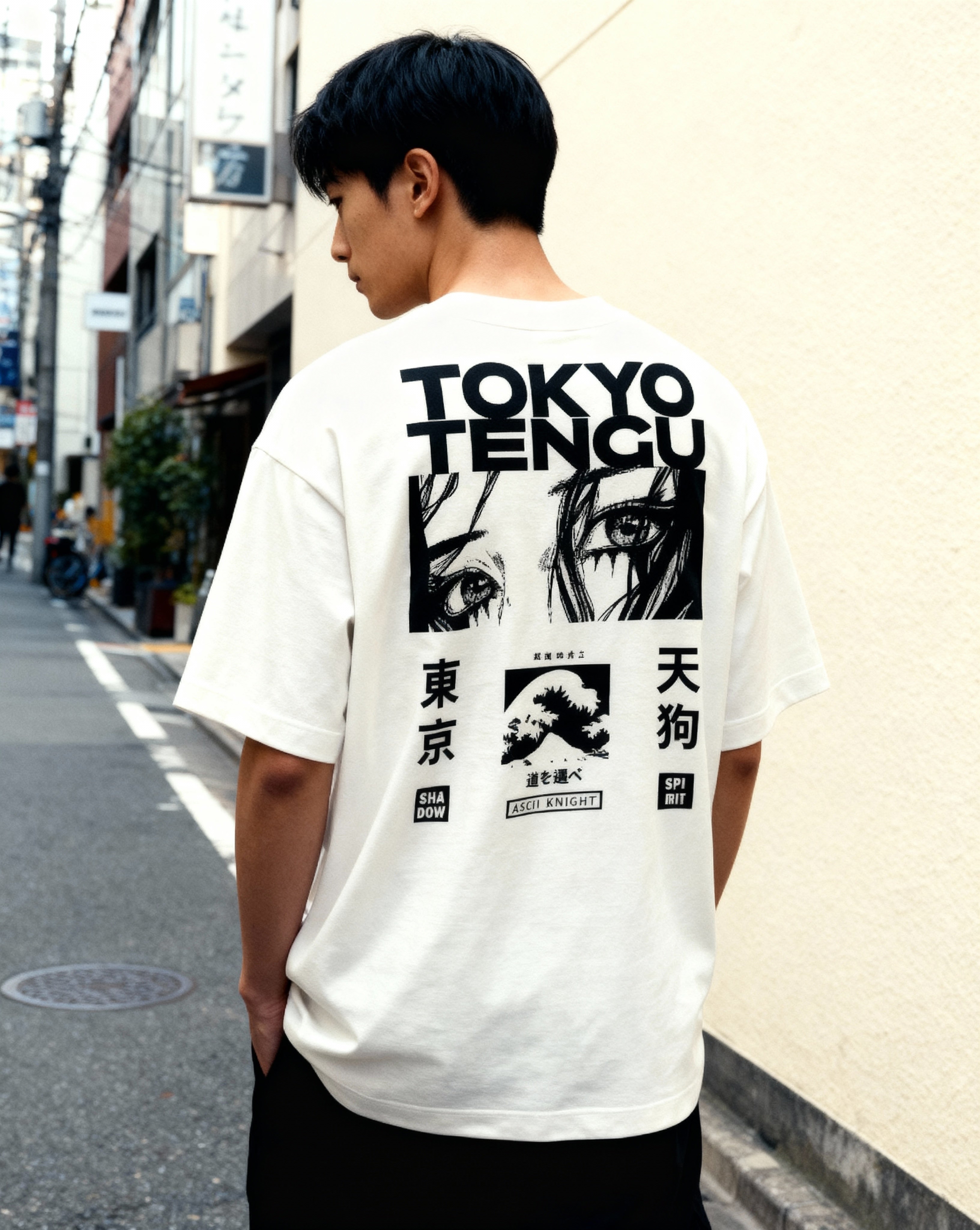 asian_man_wearing_Silent_Drift_-_White_back_pose_looking_at_us_tokyo_street_1