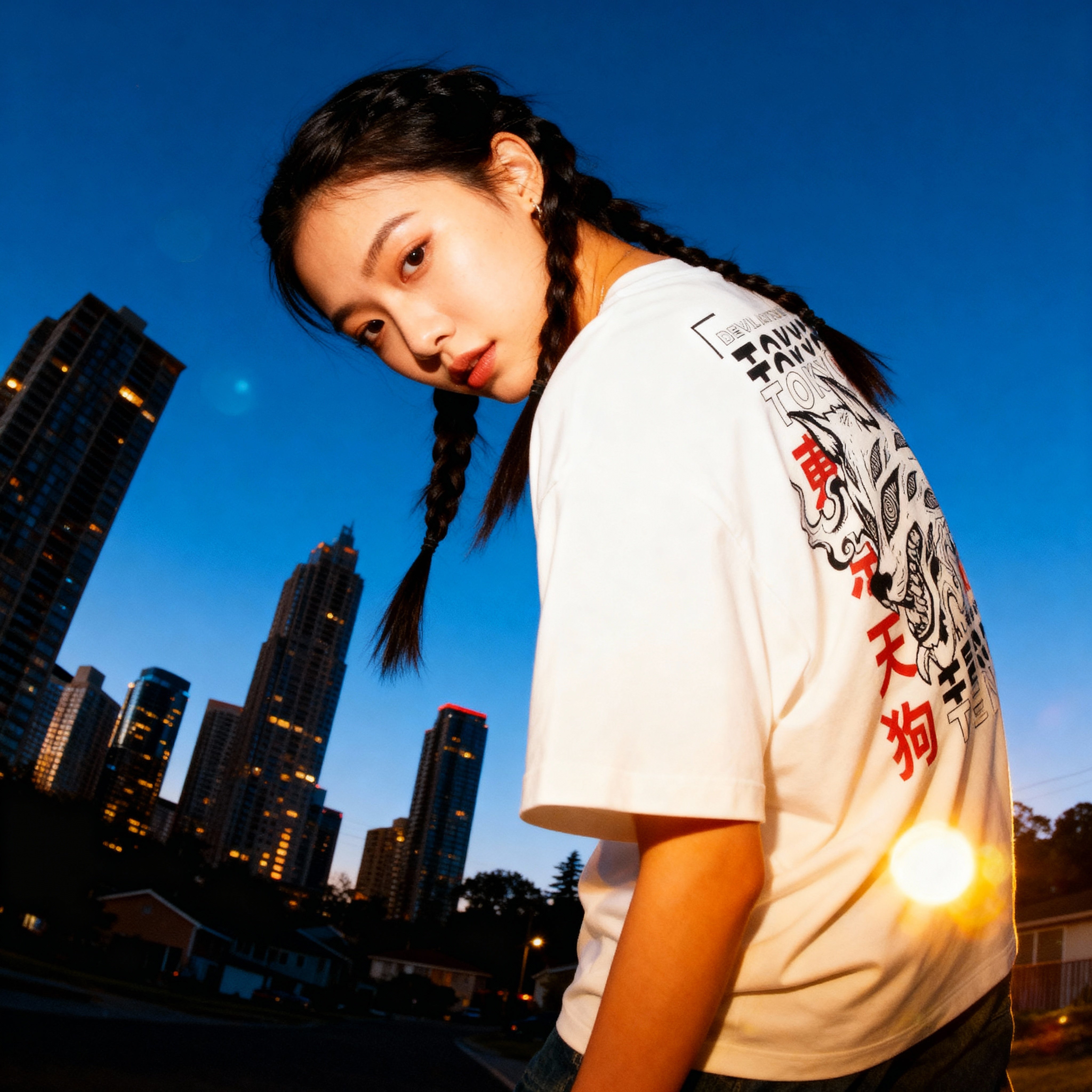 asian_woman_with_braids_wearing_Devil_Pact_-_White_N1U7LwG0Rfl4TqBLhZzo_showing_back_design_t_shirt_adjusting_her_posture_and_looking_down_into_camera_low_angle_shot_with_fish-eye_len