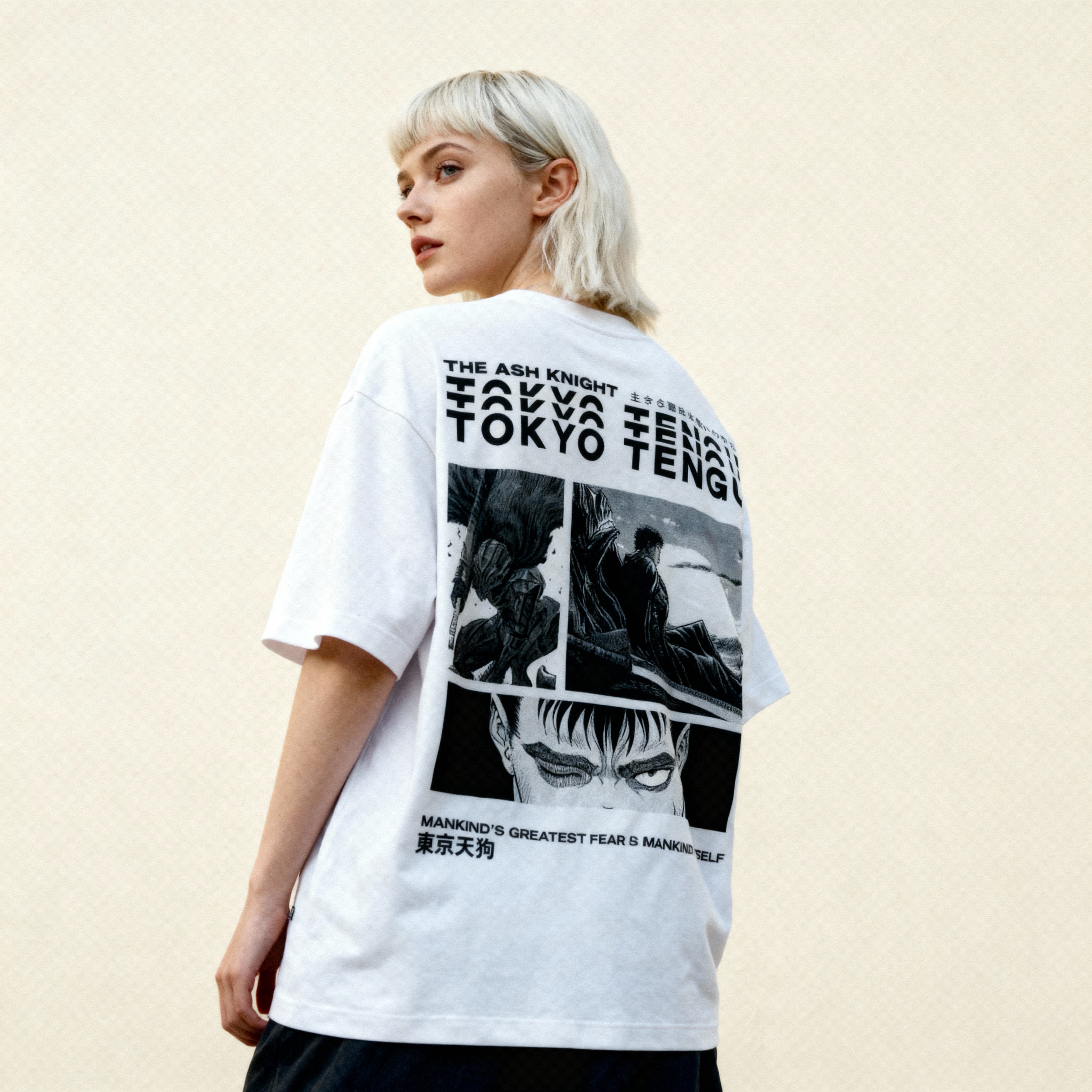 low_angle_shot_of_irish_woman_with_platina_blonde_hair_wearing_Black_Eclipse_-_White_showing_back_design