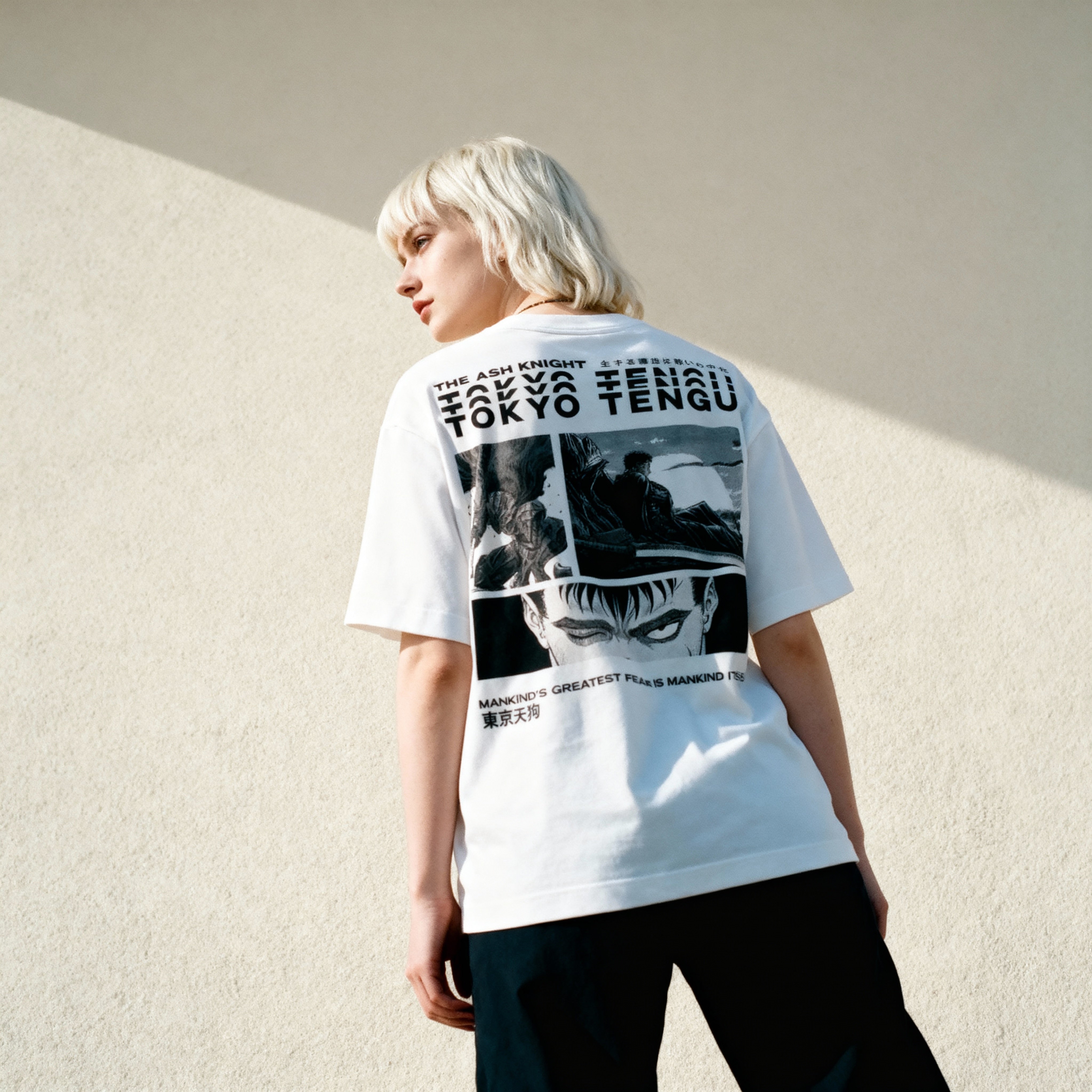 low_angle_shot_of_irish_woman_with_platina_blonde_hair_wearing_Black_Eclipse_-_White_showing_back_design_1